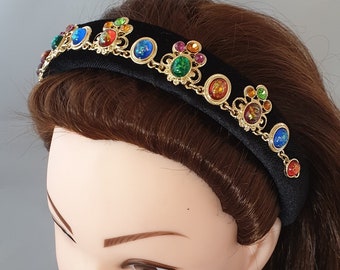 Black padded velvet headband colored crystal rhinestone gemstone embellishment women's hairband handmade fascinator 3 cm crown fascinator