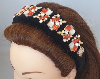 Black padded velvet headband red shourouk gemstone embellished crystal rhinestone women's hairband baroque style wide crown tiara fascinator