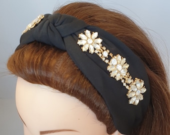 Black fabric knot headband crystal rhinestone gemstone flower embellishment women's hairband tiara fascinator bandeau turban style crown