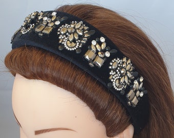 Black padded velvet headband silver shourouk gemstone embellished crystal rhinestone women's hairband baroque style crown tiara fascinator