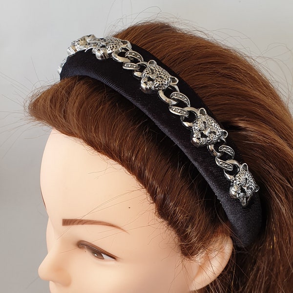 Bandeau en velours rembourré noir argent chaîne léopard embellissement bandeau fait à la main 3cm large couronne captif fascinateur grand chat tête de panthère