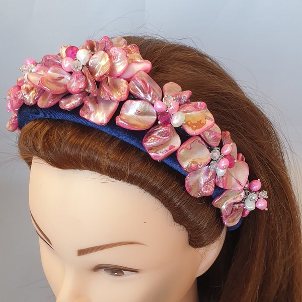 Navy velvet headband pink MOP mother of pearl shell flower embellishment womens chunky hairband handmade wide crown fascinator tiara halo