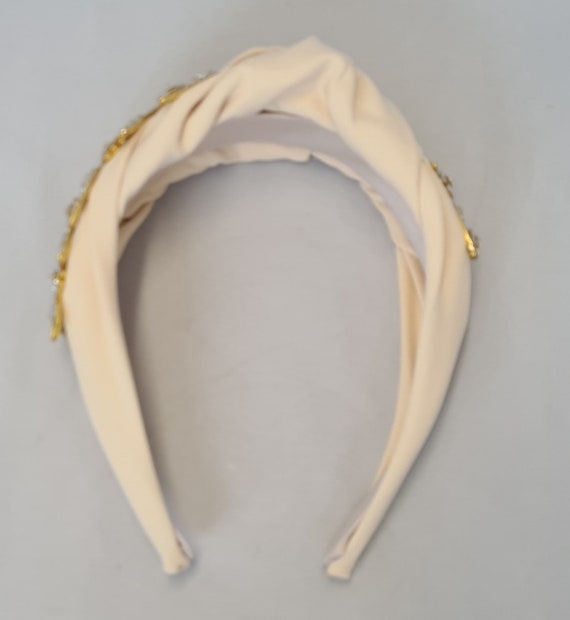 Beige Padded Knot Headband Gold Tone Crystal Rhinestone  display picture 2