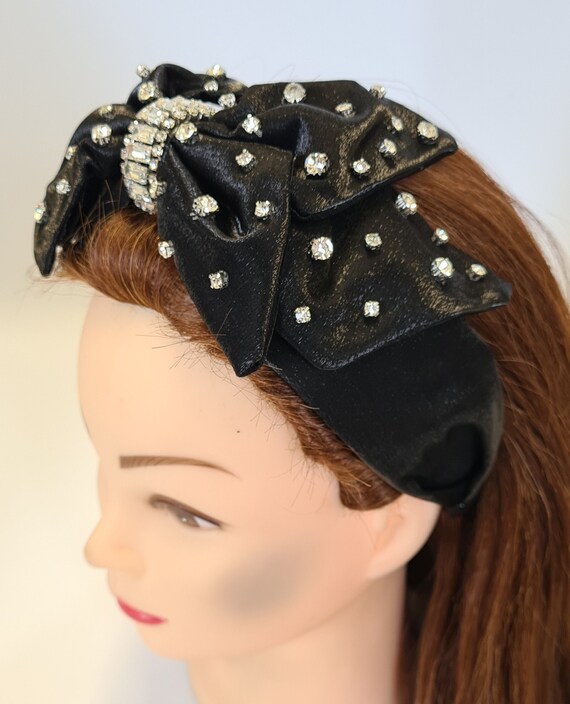 Black Satin Chunky Bow Headband Crystal Diamante  display picture 3