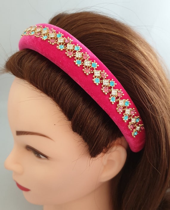 Pink Padded Velvet Headband Diamante Crystal Rhinestone 