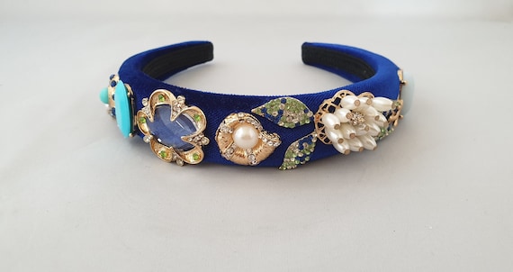 Royal Blue Headband Crystal Diamante Pearl Flower Sea Shell  display picture 3