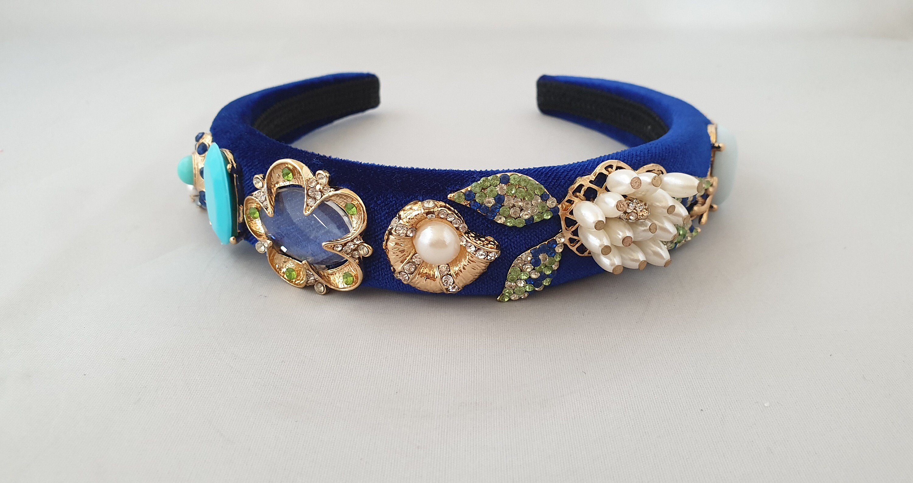 Royal Blue Pearl Crystal Padded Headband Knotted Luxe Statement Hair Navy Blue Headband Velvet Hair Band Blue Pearl Headband  main image 3