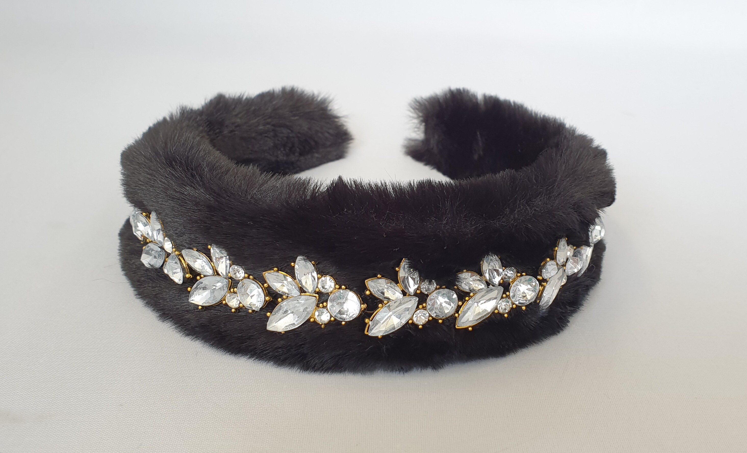 Elegant Black Fur  and crystal Hairband Black Faux Fur Headband Multi-colored Crystal Gemstone  main image 3