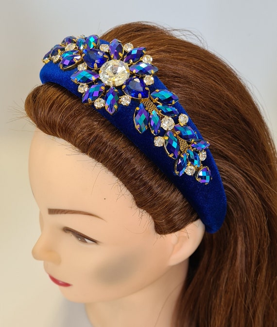 Blue Padded Velvet Headband Glass Shourouk Crystal  display picture 1