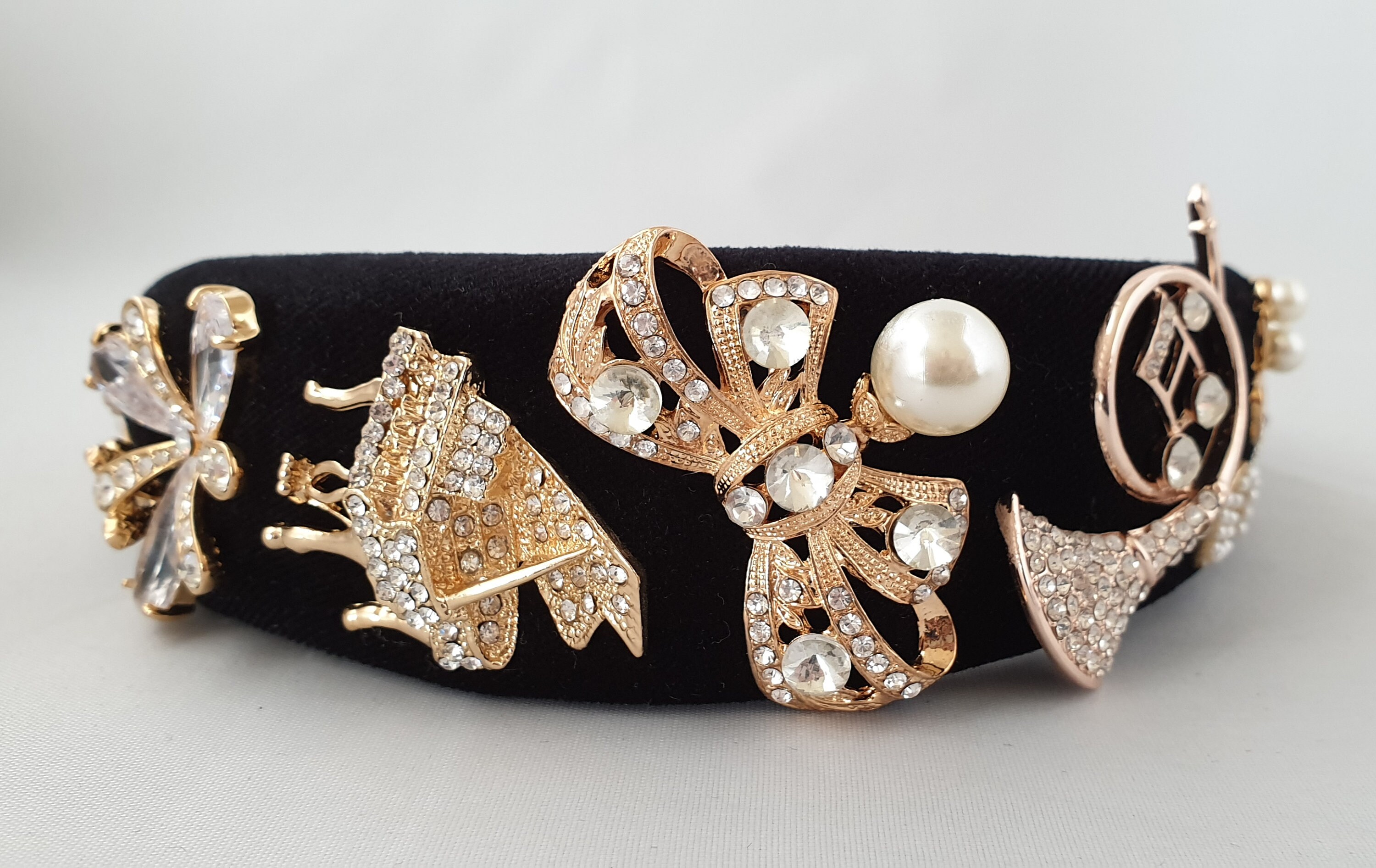 Black Velvet Headband with Gold and Pearl Detail Amazon.com : TERSE Black Velvet Headband with White Pearl  main image 2