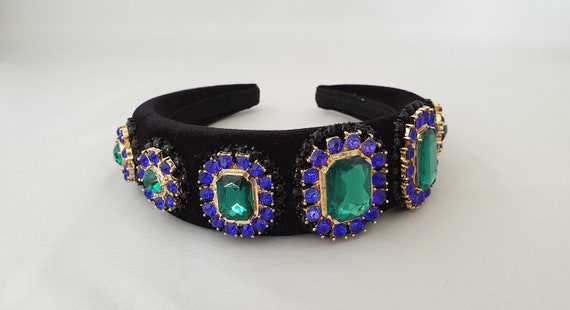 Black Padded Velvet Headband Emerald Green Glass / Crystal 