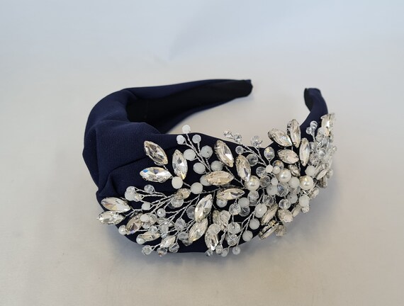 Navy Padded Puffy Knot Headband Crystal Gemstone Beaded  display picture 2