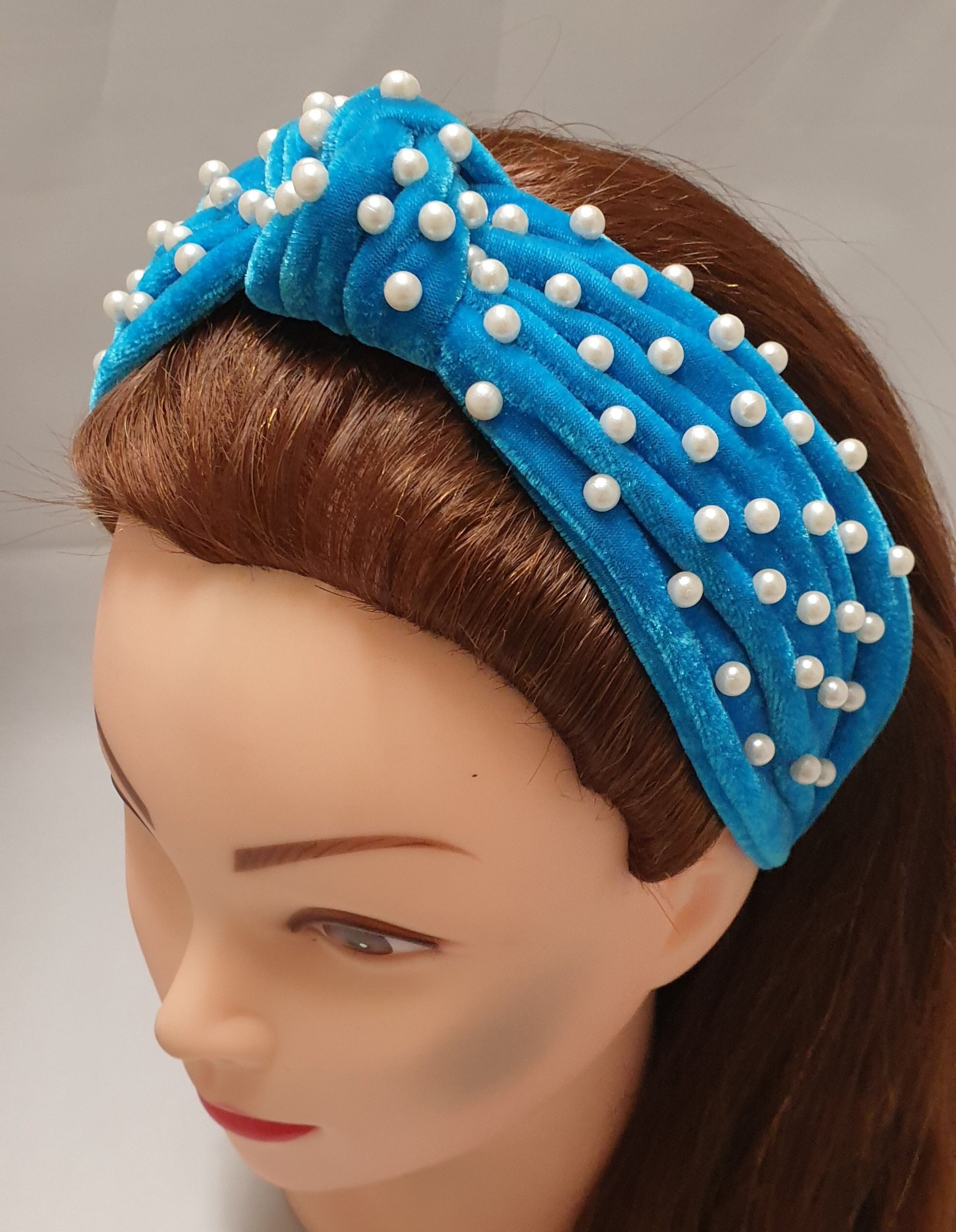 Tiffany Blue Pearl Knot Velvet Headband Pearl Beads Handmade Knotted Turban Amazon.com : Jaciya Knotted Pearl and Velvet Headbands Pack  main image 4