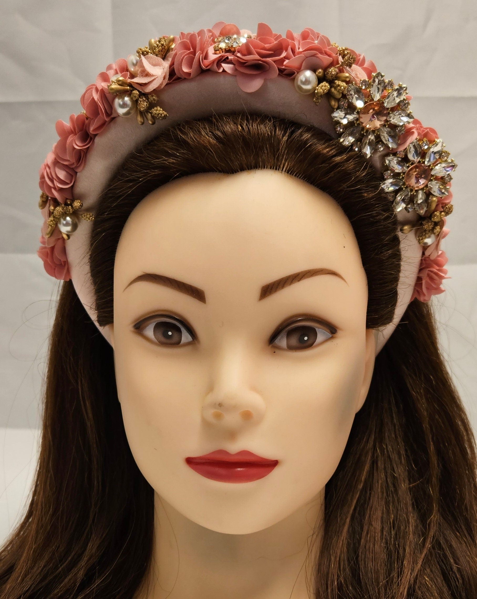Pink Gold Flower Padded Headband Crystal Pearl Embellished  display picture 2