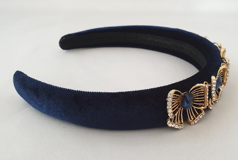 Navy padded velvet headband gold tone crystal diamante metal Etsy