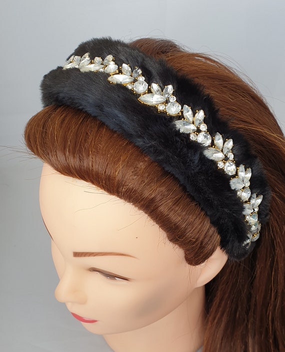 Embellished Black Faux Fur Headband Crystal Diamante  display picture 3