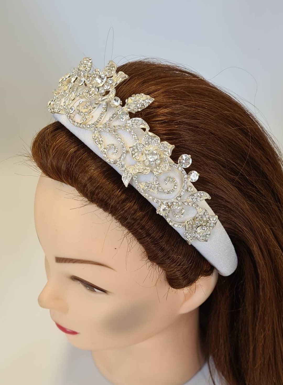 White Padded Velvet Headband Silver Crystal Diamante  display picture 1
