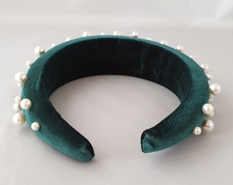 Dark Green Deeply Padded Puffy Velvet Headband Faux Pearl 