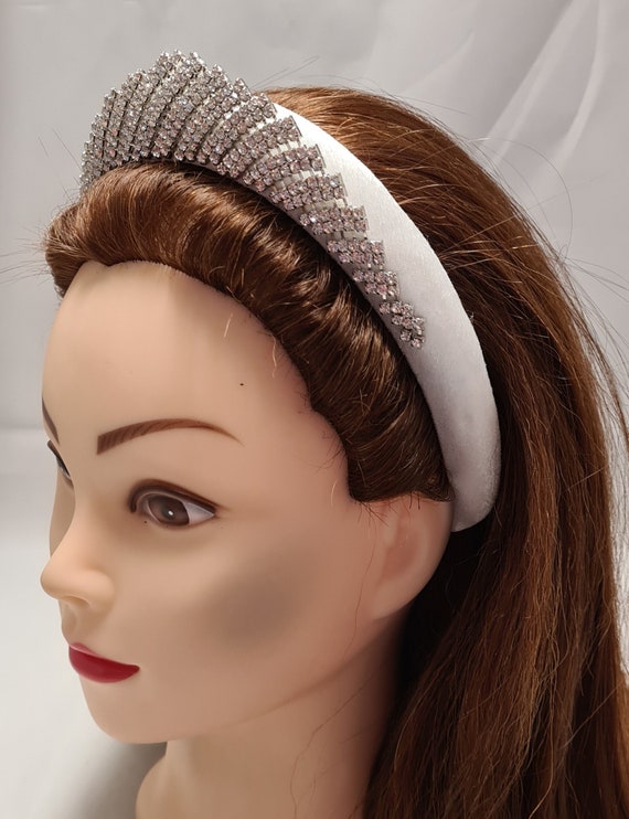 White Padded Puffy Velvet Headband Crystal Diamante  display picture 2