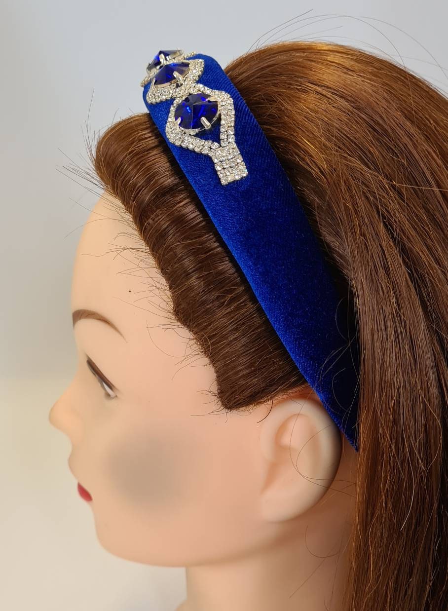 Royal Blue Padded Velvet Silver Crystal Diamante Gemstone 