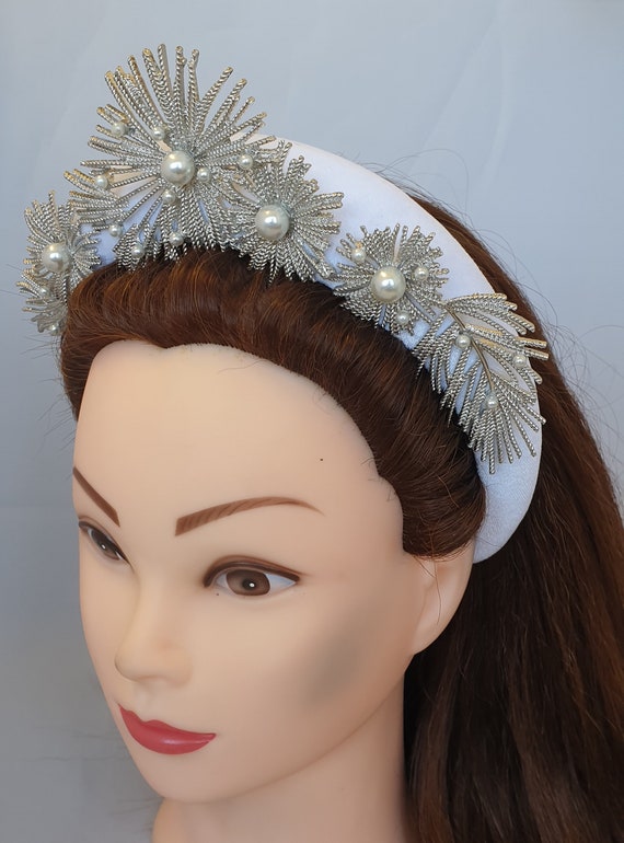 White Puffy Padded Velvet Headband Silver Flower Leaf Faux  display picture 2