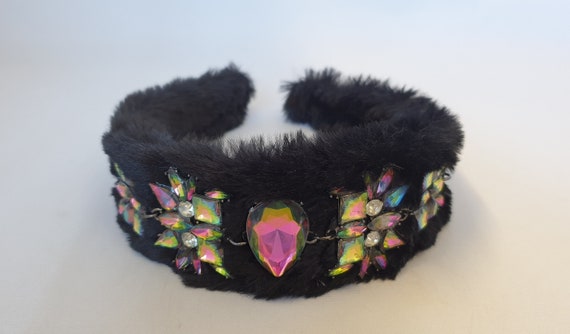Black Faux Fur Headband with Crystal and Pearl Accent Black Faux Fur Headband Multi-colored Crystal Gemstone  main image 2