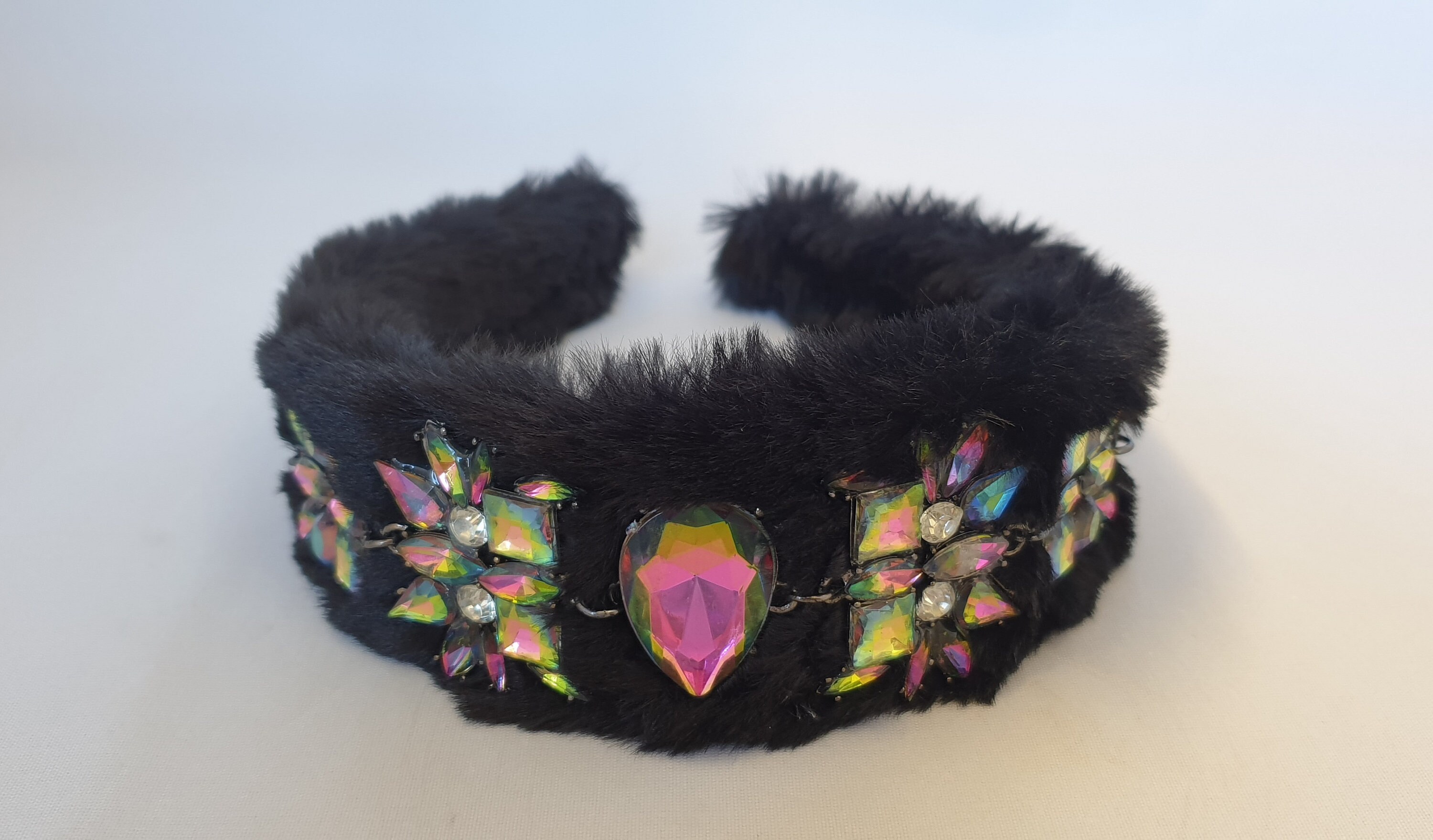 Elegant Black Fur  and crystal Hairband Black Faux Fur Headband Multi-colored Crystal Gemstone  main image 4