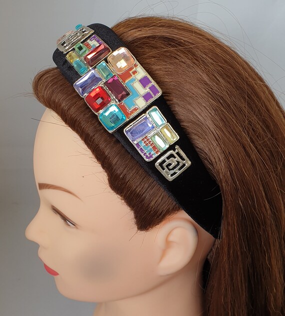 Black Padded Velvet Headband Silver Greek Pattern & Colored  display picture 1