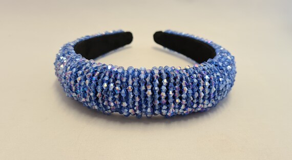 Blue Beaded Padded Headband Crystal Bead Covered Embellished  display picture 2