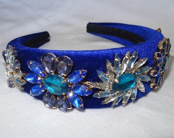 Blue padded velvet headband glass crystal flower embellishment womens hairband handmade baroque style 4cm wide crown unique