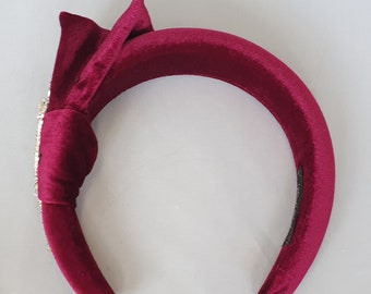 Diamante Red Velvet Padded headband 4 cms wide embellished Headpiece