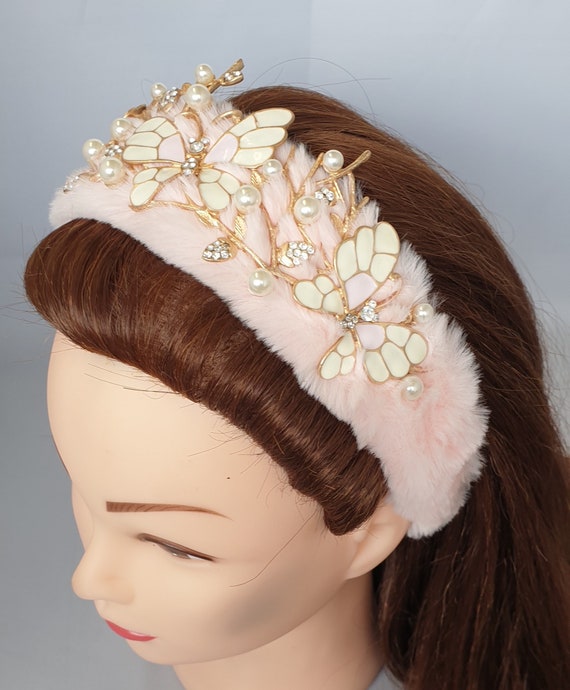 Pale Pink Faux Fur Headband Crystal Pearl Butterfly 