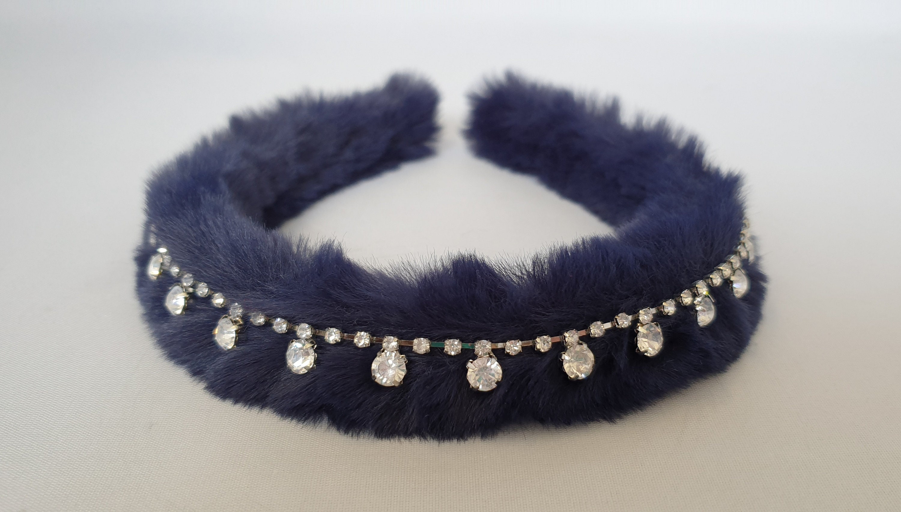 Elegant Navy Faux Fur Headband with Crystal Accent Woman main image 4
