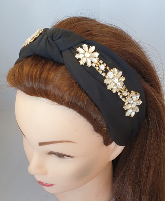 Black and Gold Rhinestone Floral Headband Shop 1920s Headpieces - Black Feather Rhinestone Headband  main image 4