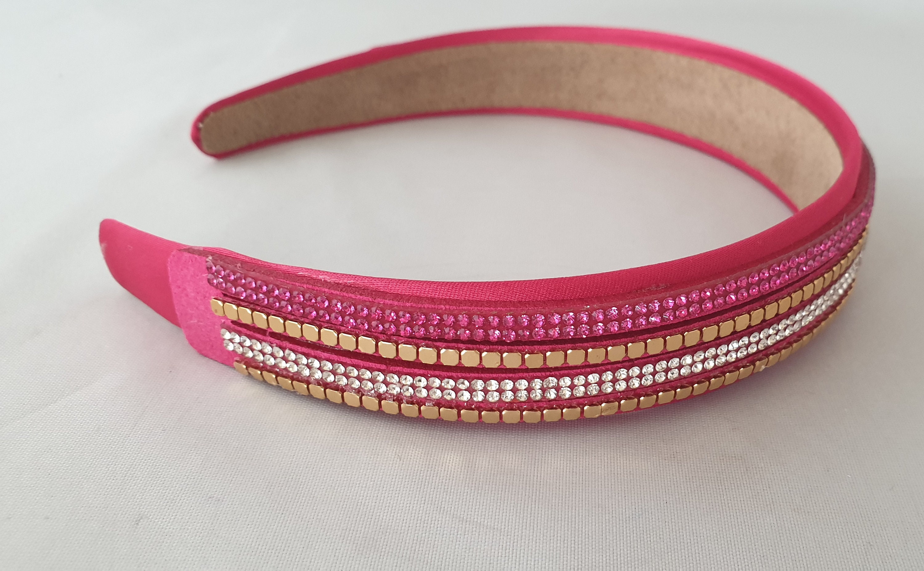 Pink Leather Headband with Gold Stud Details Pink Lightweight Headband Leather Crystal Diamante Gold Stud  main image 4