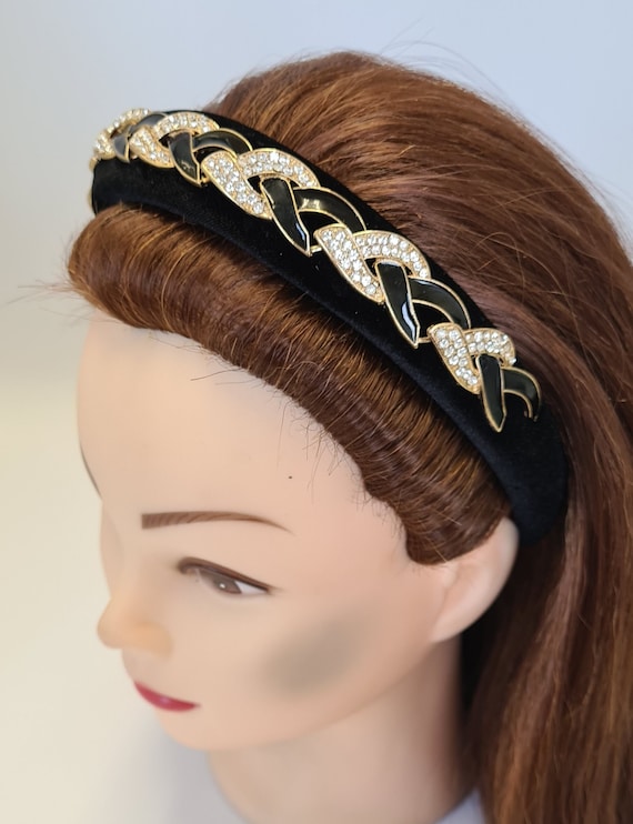 Black Velvet Headband Crystal Diamante Rhinestone Gold Chain  display picture 1
