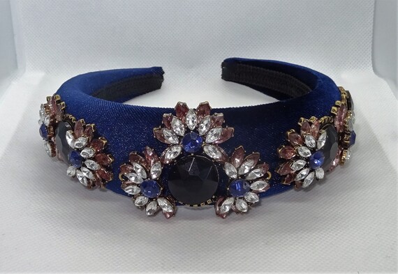 Navy Headband Glass / Crystal Rhinestone Chunky Flower  display picture 3