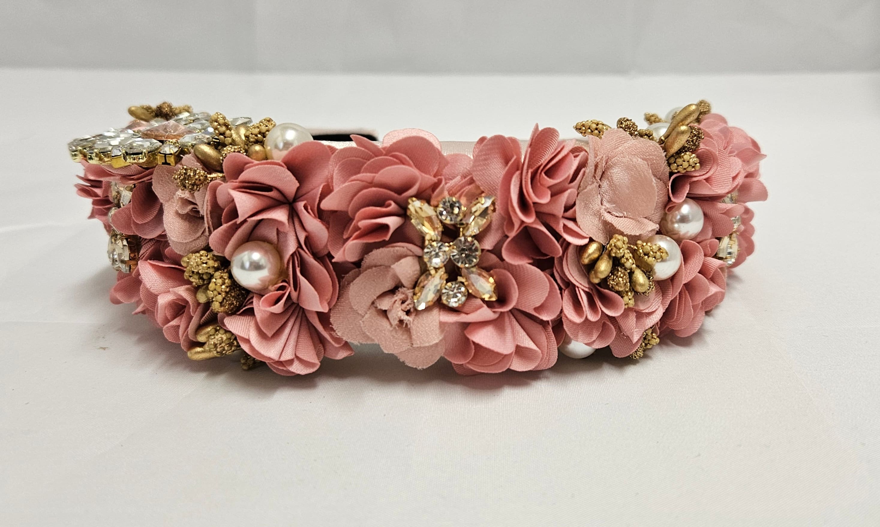 Pink Gold Flower Padded Headband Crystal Pearl Embellished 
