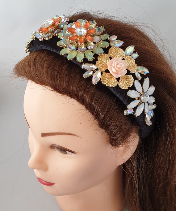 Black Padded Velvet Headband Coloured Glass Crystal  display picture 1