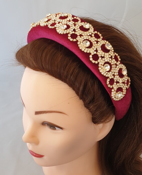 Burgundy / Maroon Padded Velvet Headband Crystal Rhinestone 