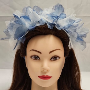 Blue velvet headband large pale blue organza flower silver crystal embellishment womens hairband crown races fascinator XL headpiece