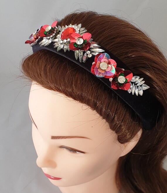 Embellished Black Velvet Headband with Iridescent Floral Crystals Black Velvet Crystal Beaded Embroidered Flower Applique  main image 3