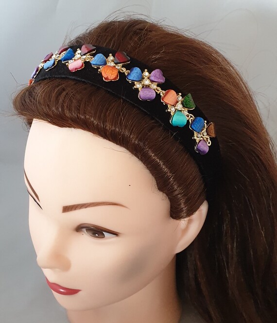 Blue Velvet Headband with Pink Gemstones Handmade Headband, Luxury Headband, Headband Beaded  main image 2