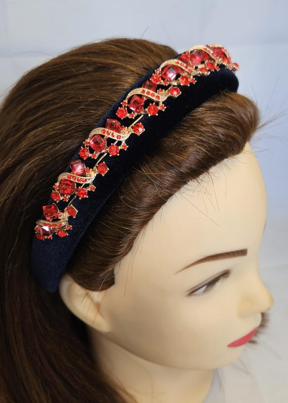 Navy Padded Velvet Headband Red Gold Rhinestone Gemstone  display picture 2