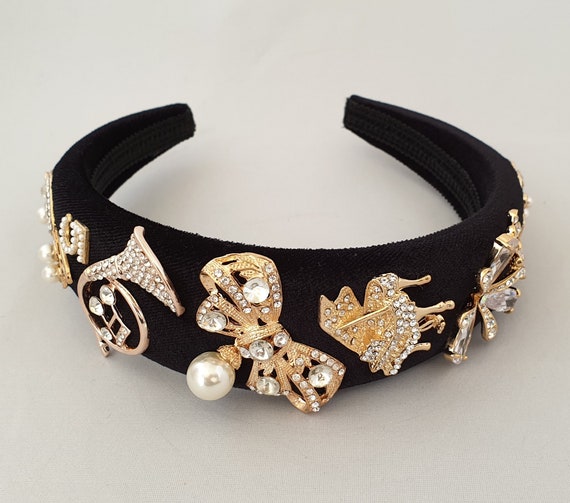 Black Velvet Headband Gold Crystal Diamante Pearl Musical