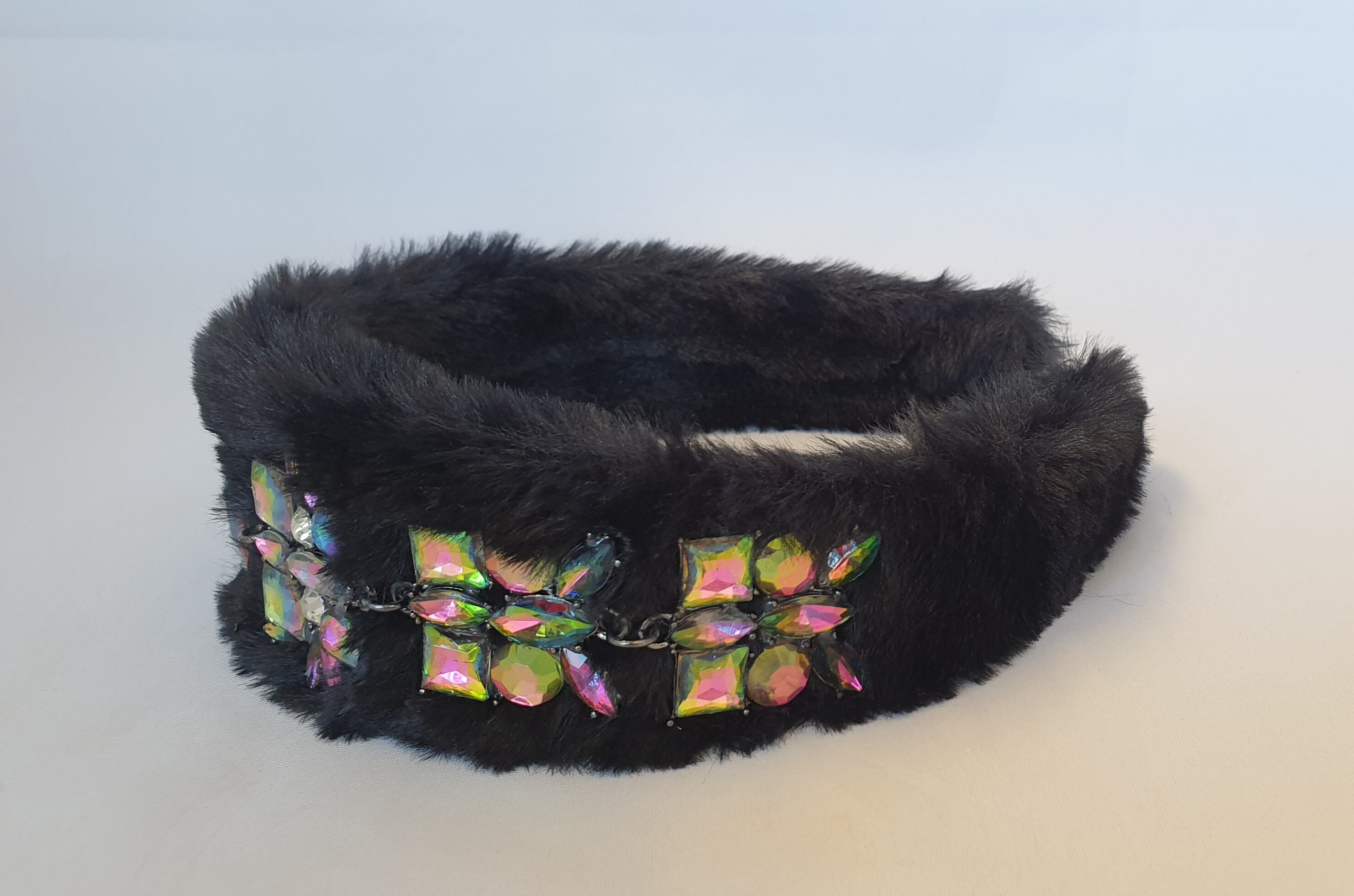Black Faux Fur Headband Multi-colored Crystal Gemstone 