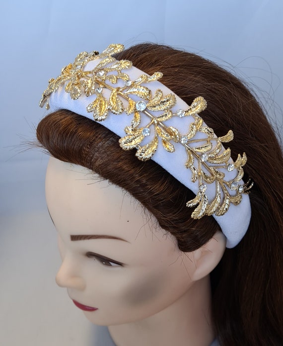 White Velvet Headband Gold Leaf Rhinestone Embellishment  display picture 3