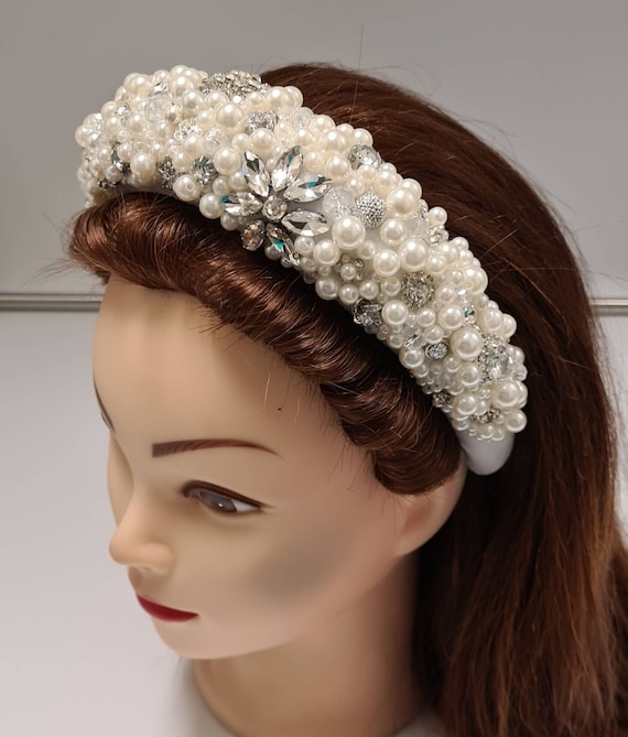 White Puffy Padded Velvet Headband Silver Crystal Pearl  display picture 1