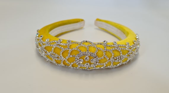 Yellow Velvet Headband Silver Crystal Diamante Rhinestone  display picture 1