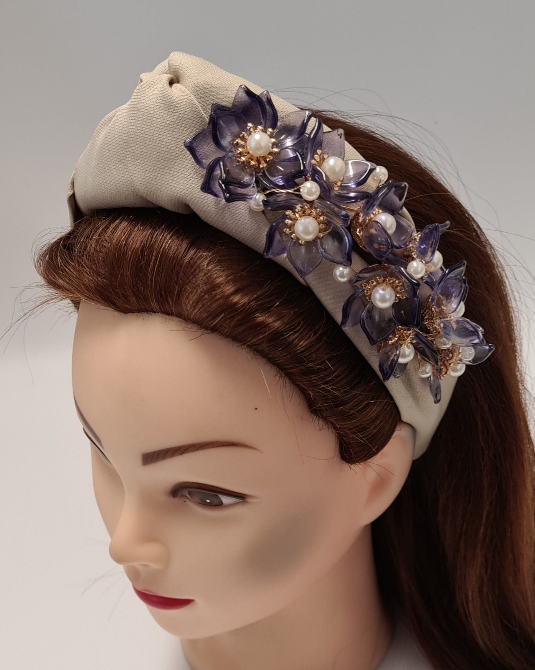 Purple Satin Knot Headband with Green & Gold Bead Accents Purple Beaded Top Knot Headband Gold Detail Fascinator – Mad  main image 3